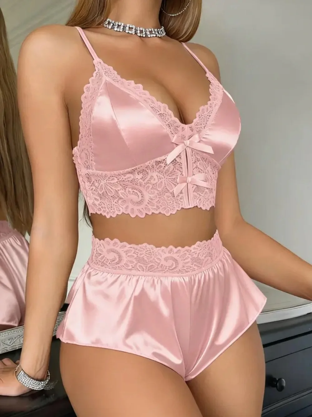 Pink, Satin & Lace, Pajama Set